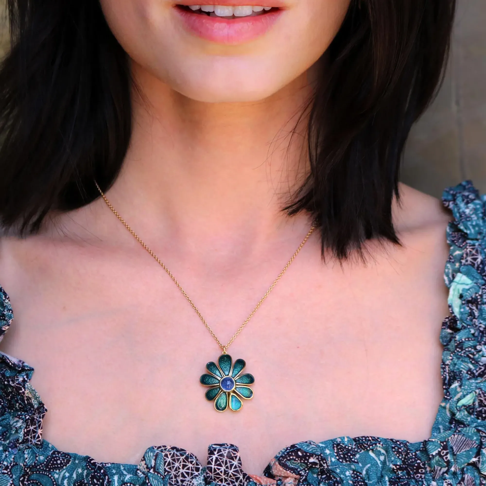 Brooke Gregson Enamel Sunflower Opal Blue Sapphire Necklace New